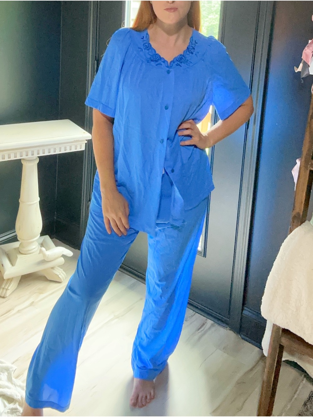 Classic Blue Short-Sleeve Button Pajama Set with Lace Collar